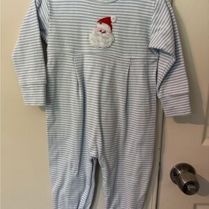 12m Blue & White Striped Holiday Snapsuit with Santa. Pima cotton.